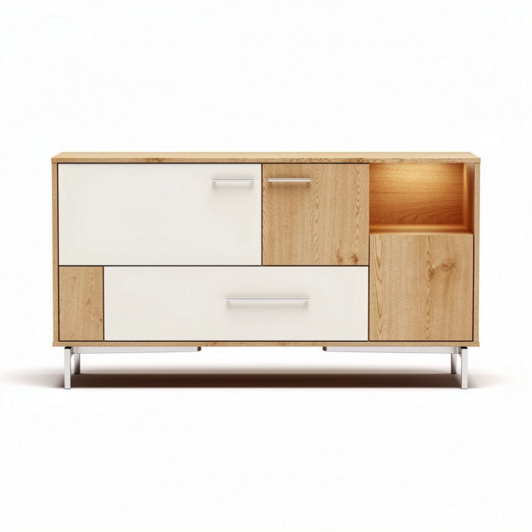 Mobile porta TV in legno e bianco con armadietti e ripiani 120 x 45 x 75cm