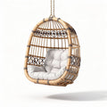 Poltrona sospesa in rattan con cuscini bianchi dimensioni 80 x 70 x 100cm