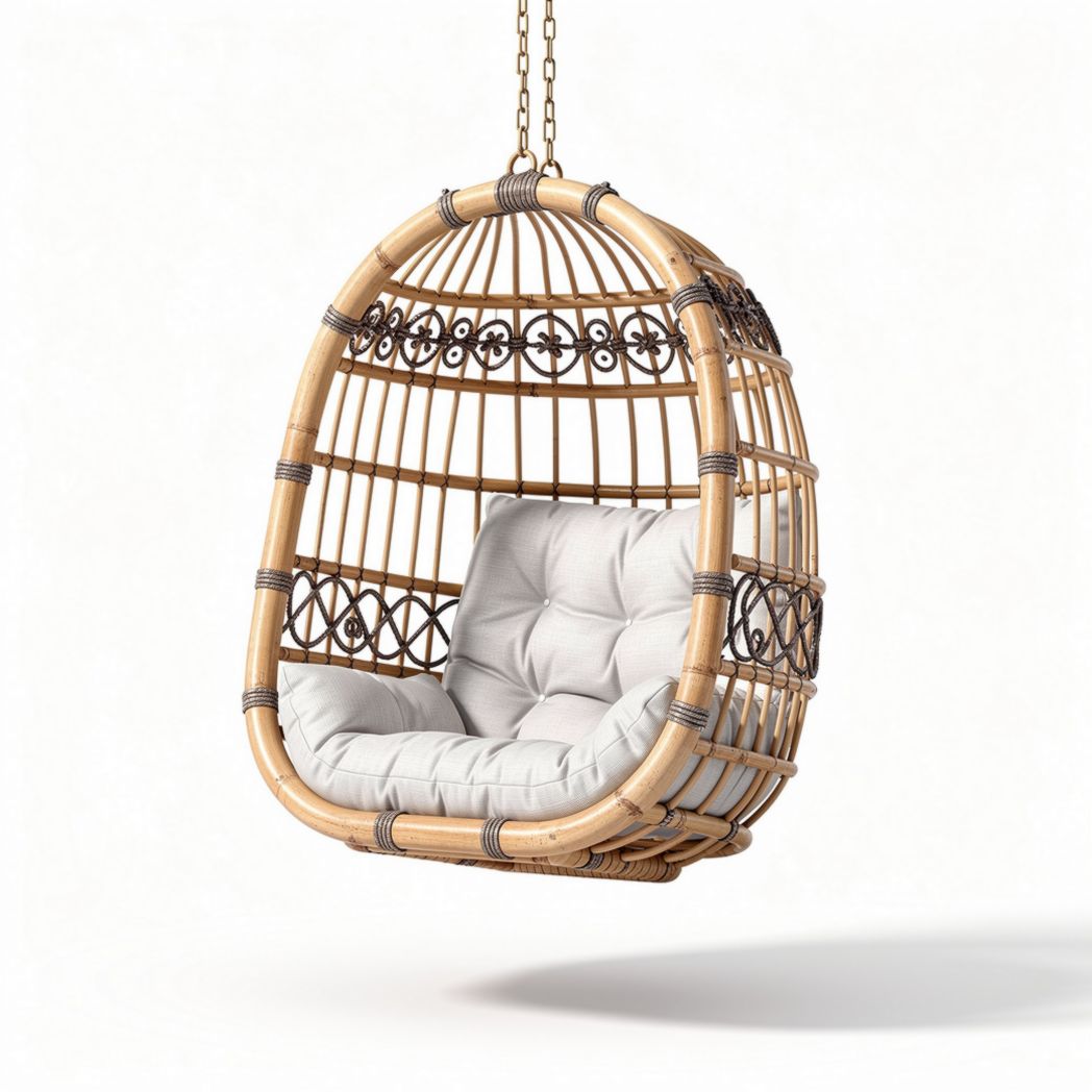 Poltrona sospesa in rattan con cuscini bianchi dimensioni 80 x 70 x 100cm