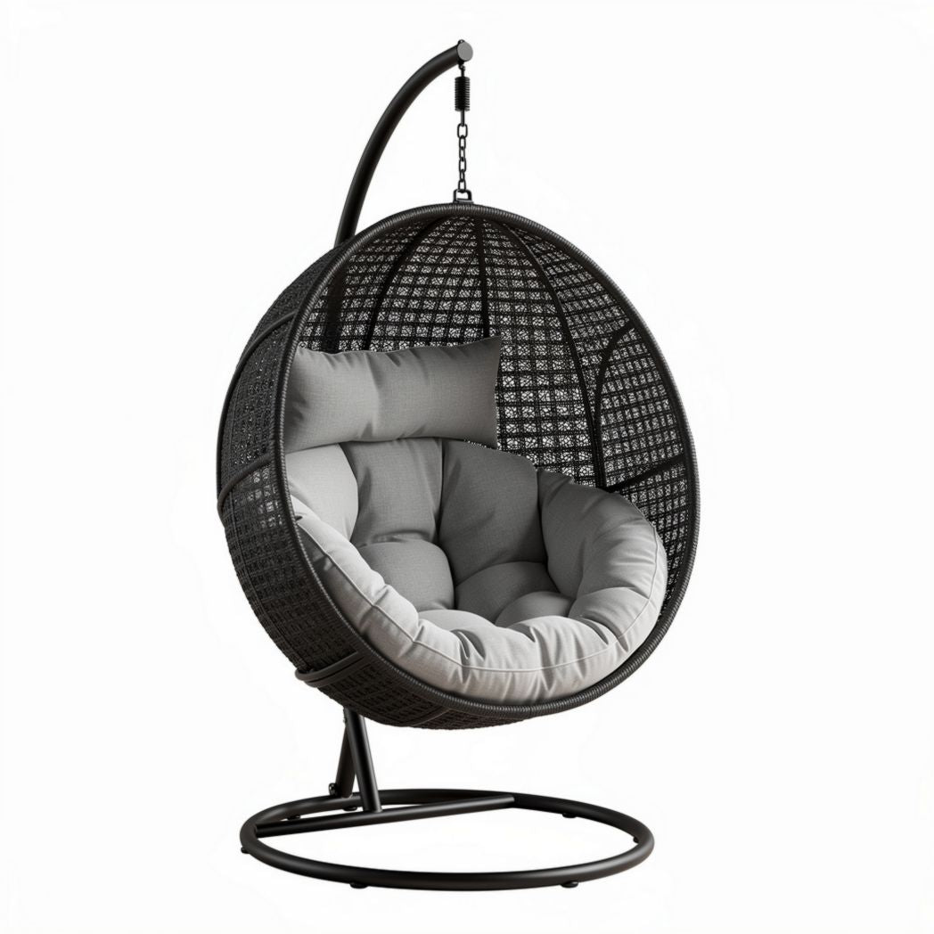 Poltrona a sospensione in rattan sintetico grigio con cuscini 90 x 90 x 120cm
