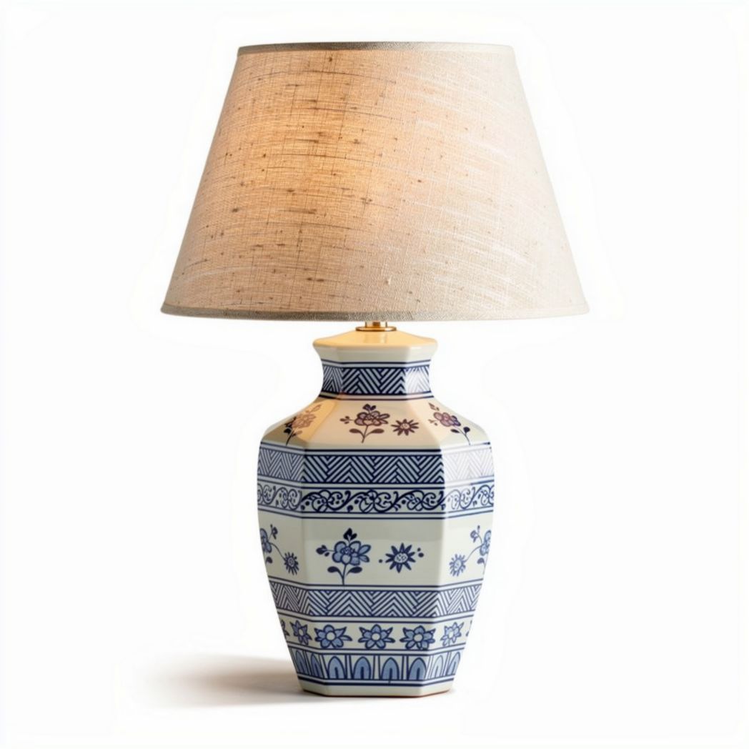 Lampada in ceramica decorata con paralume in lino color beige 30 x 30 x 60cm